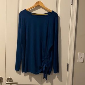 WHBM dark teal sweater with ruched bow embellishment at the bottom